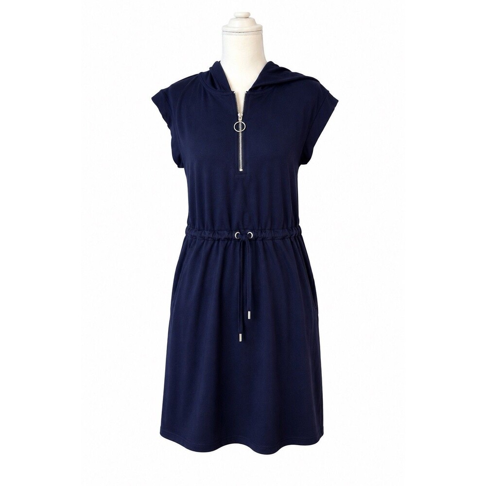 Cable & Gauge Sport Hooded Drawstring Mini Dress Navy Blue NWT Size S Athleisure